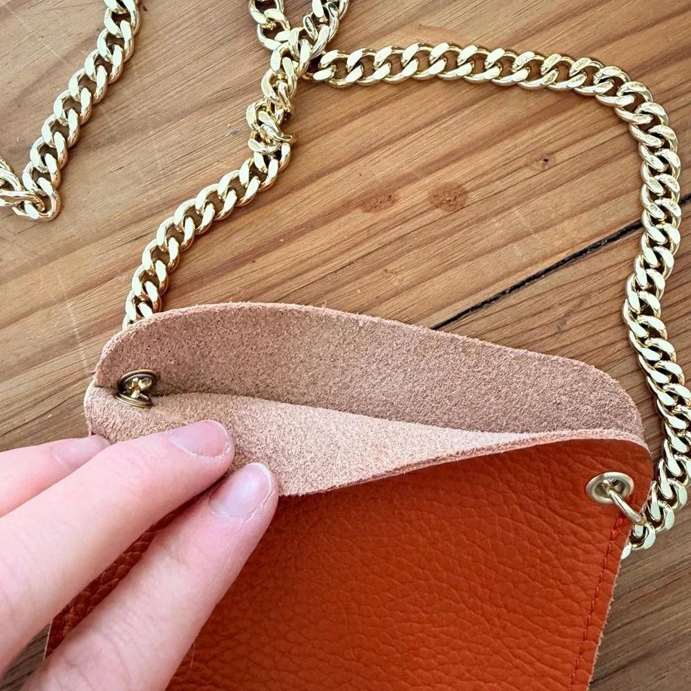 Orange Leather Crossbody Phone Bag with Gold Chain - Picture 2 of 4